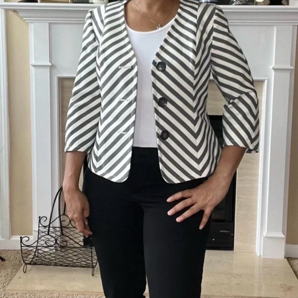 Kasper Navy White Chevron Stripe Polyester Jacket Blazer Suit Jacket Size 16